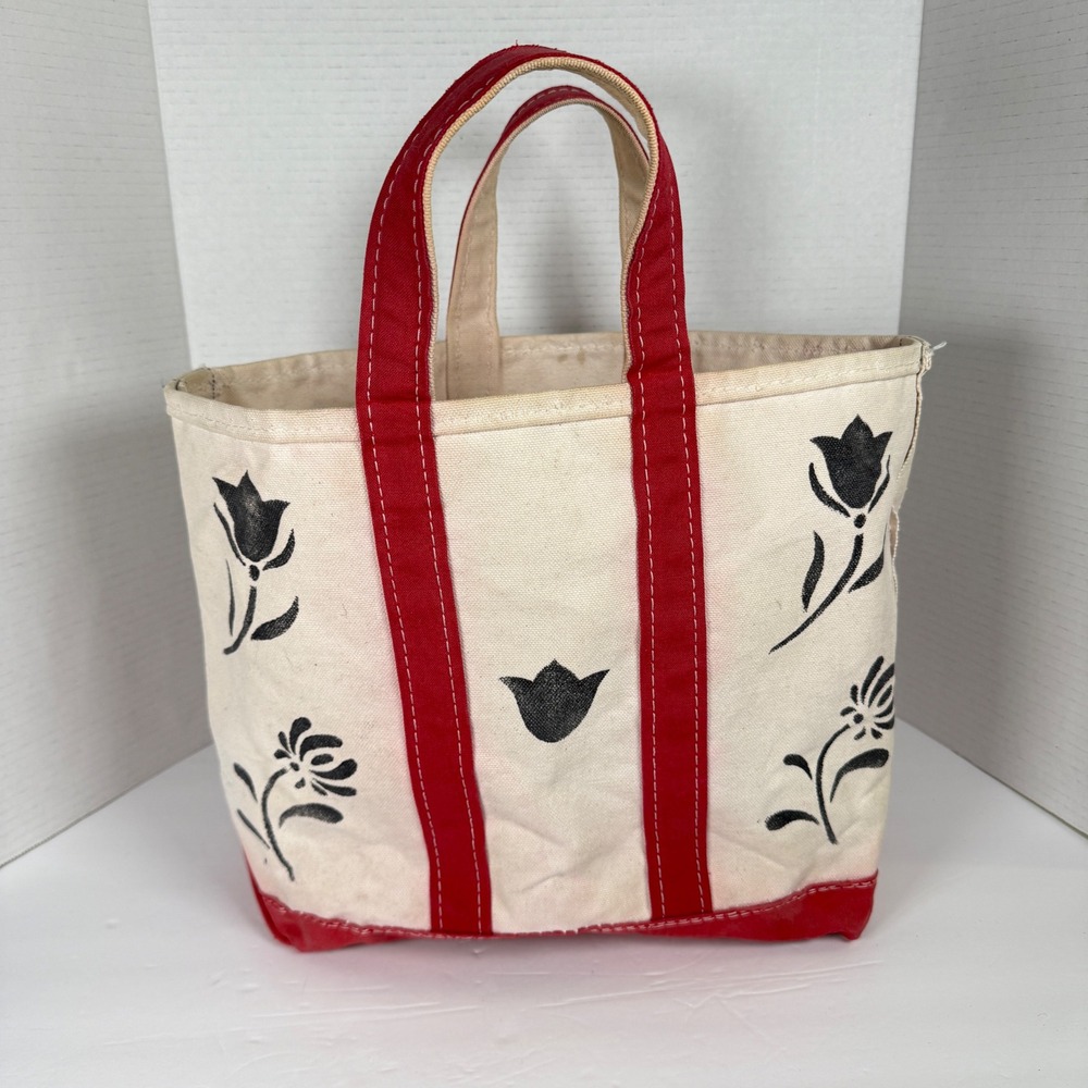 LL Bean Boat and Tote Bag vintage Red Floral Hand Painted CDS Canvas